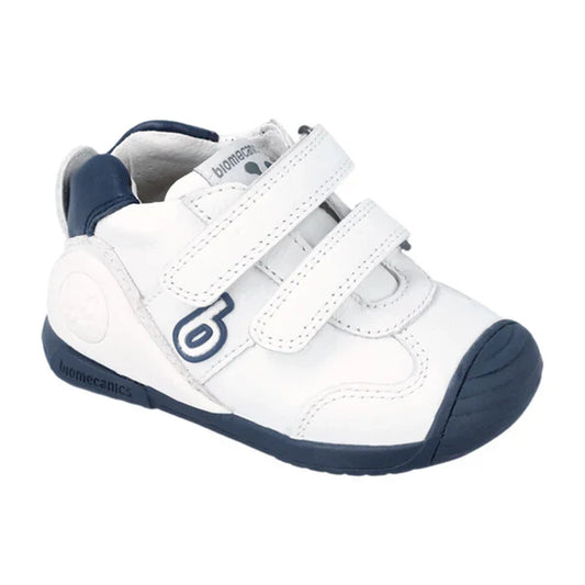 Tenis Biomecanics blanco y azul con velcro para bebé